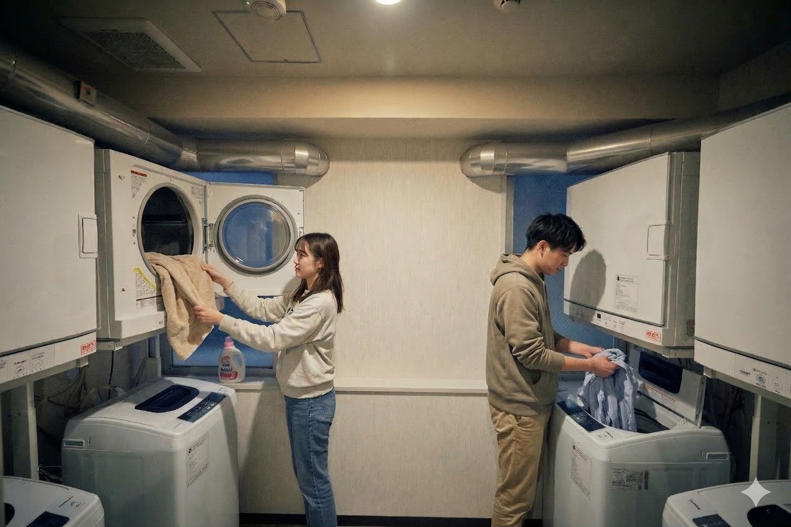 2階 ランドリーのご利用イメージ。上側の乾燥機の稼働時間はは10～60分単位でお選びいただけます。