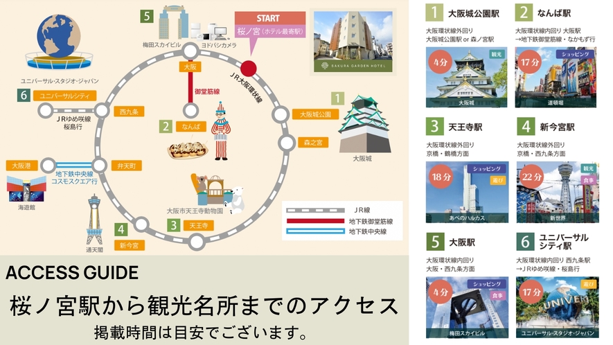 ユニバーサルスタジオジャパン・通天閣（新世界）・大阪城・京橋等各地の大阪主要駅にもアクセス良好！