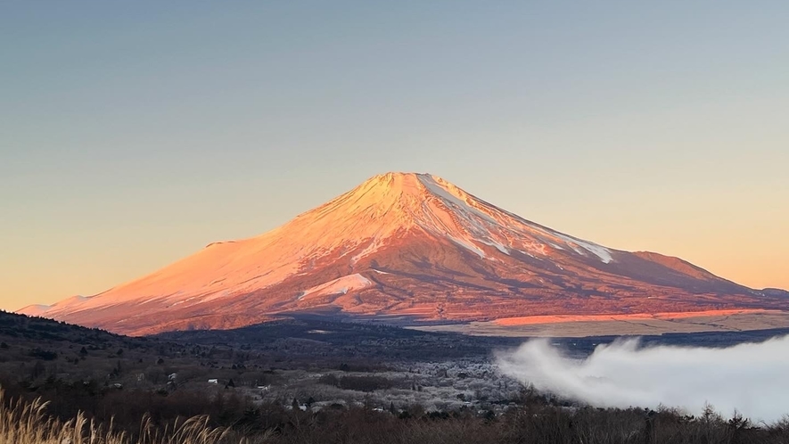 *富士山と山中湖／朝焼けに染まる幻想的な富士山。当館近く「山中湖パノラマ台」からの眺めは圧巻です