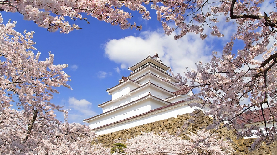 【鶴ヶ城】約1,000本のソメイヨシノが咲く桜の名所。見頃は例年4月中旬～下旬。（車で約60分）