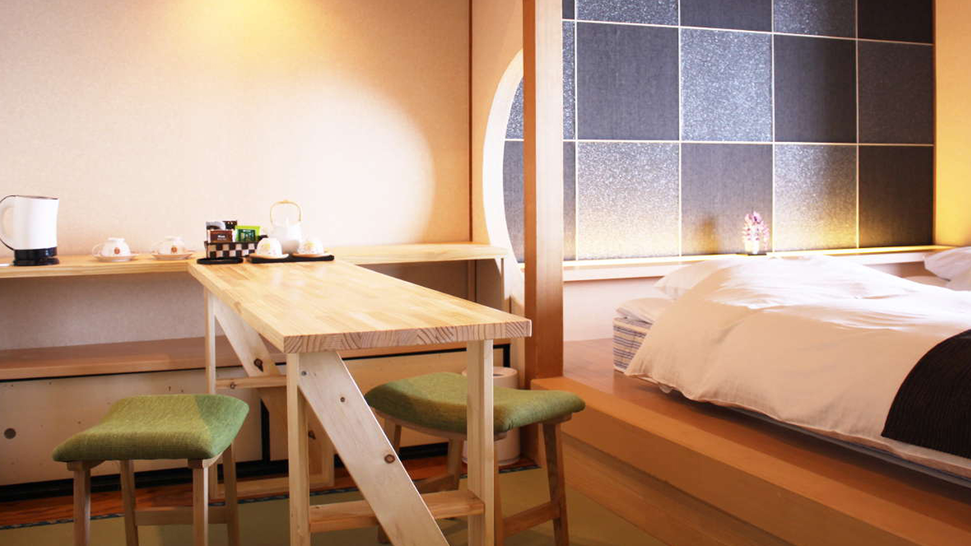 【和モダン】機能性とデザインを追求した、畳にテーブルを備えた和洋室です