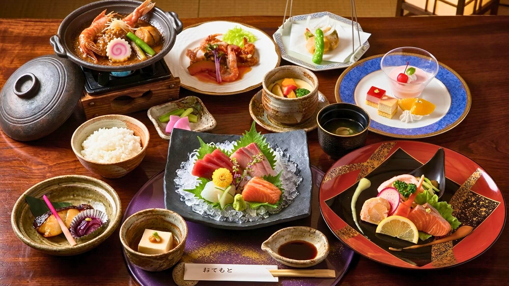 【恵コース】ワンランク上の美食体験！獲れたての海鮮と旬の山幸が彩る、見た目も華やかなコースです。