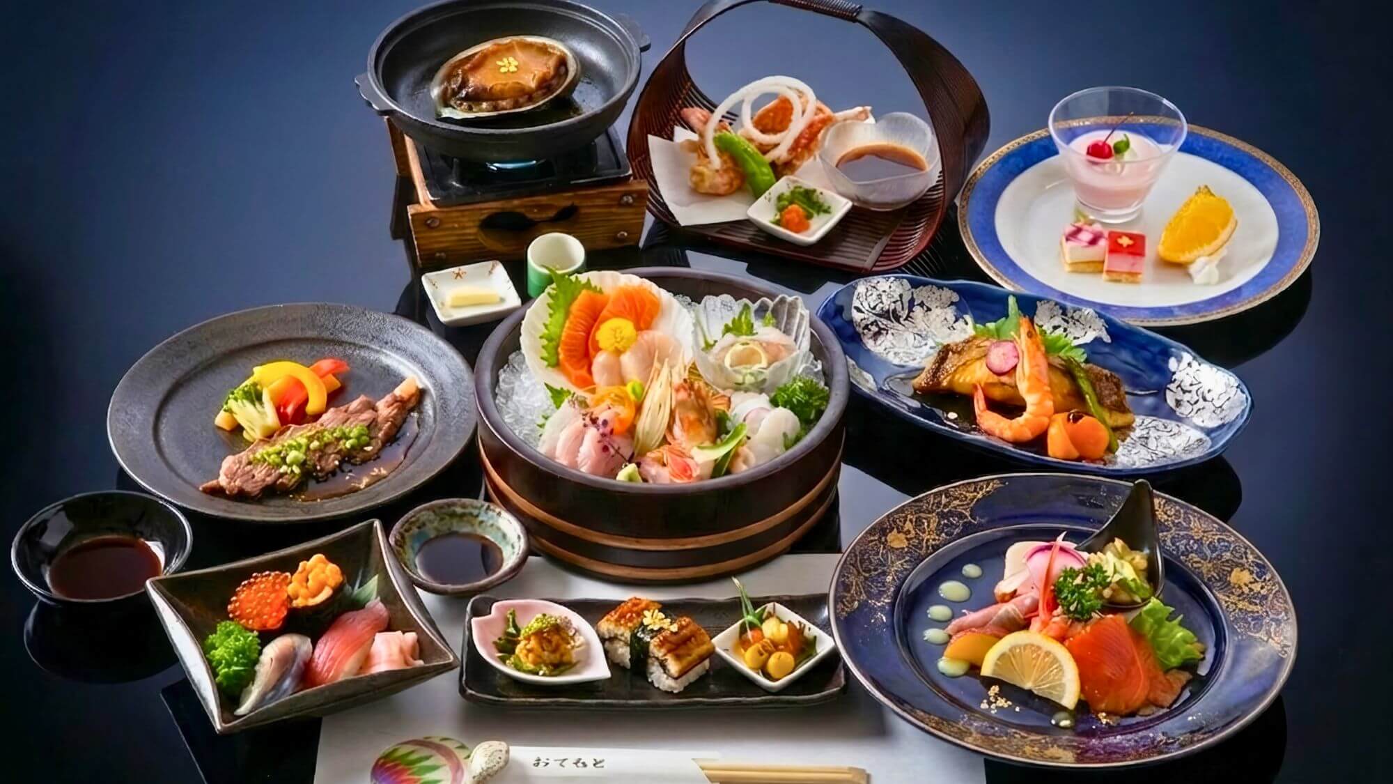 【極コース】活アワビ・ウニ・厳選牛・お寿司など、山海の幸を味わうプレミアムプランです。