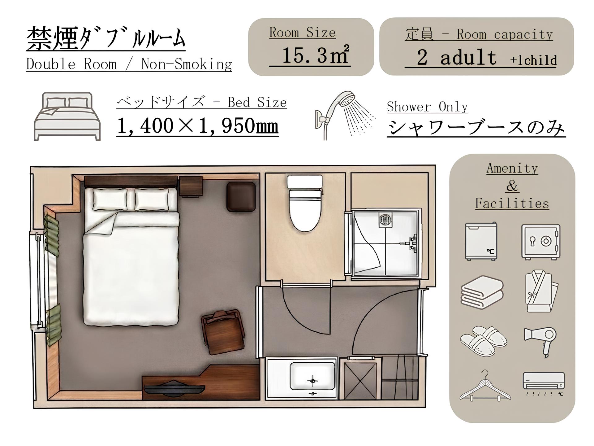 ◆禁煙ダブルルーム◆【広さ：13.4～15.3平米】