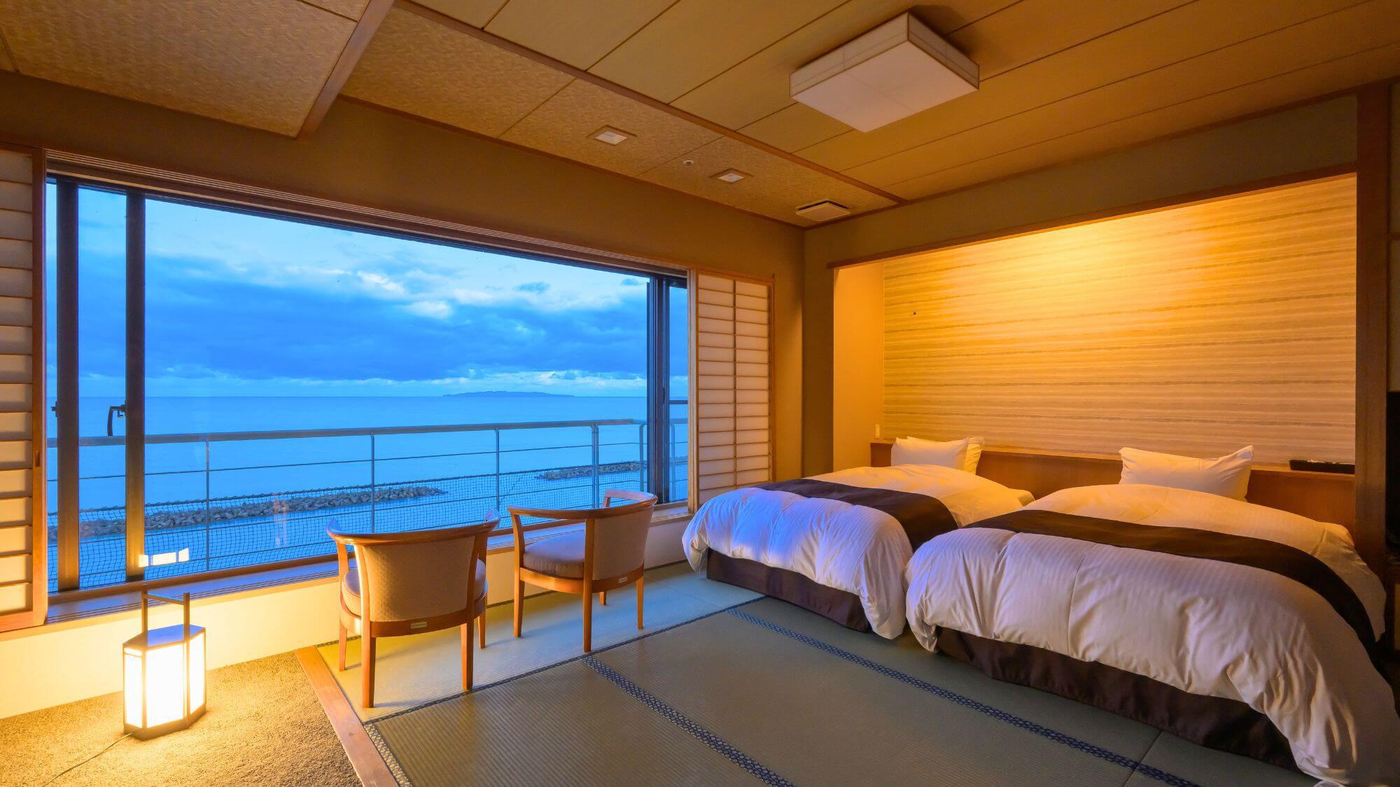 【そよ風館海天楼（和室ベットルーム）】13畳の和室にシングルベットが2台付いた和室ベットタイプ。