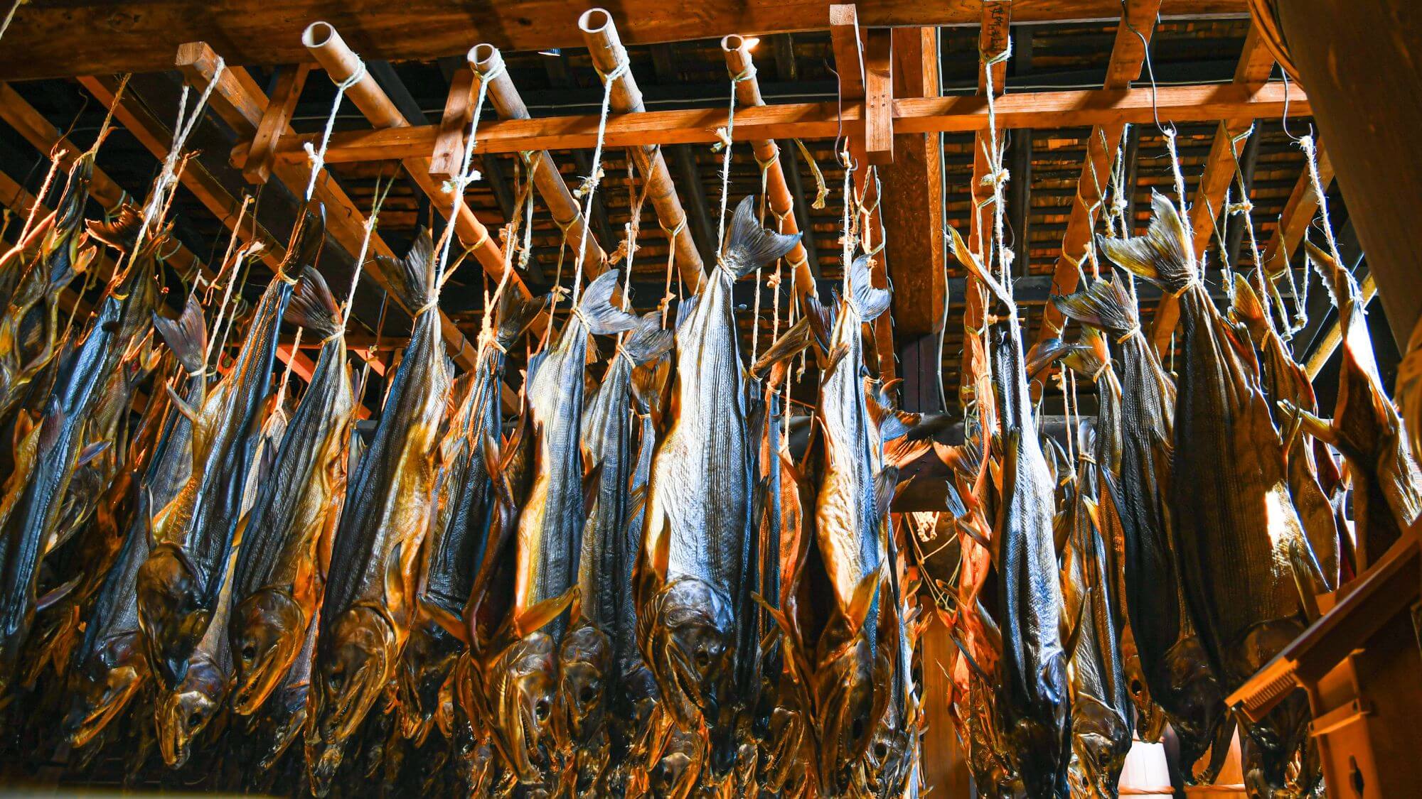 【千年鮭 きっかわ】当館からお車で約10分。天井の梁に吊るされた鮭が圧巻です。