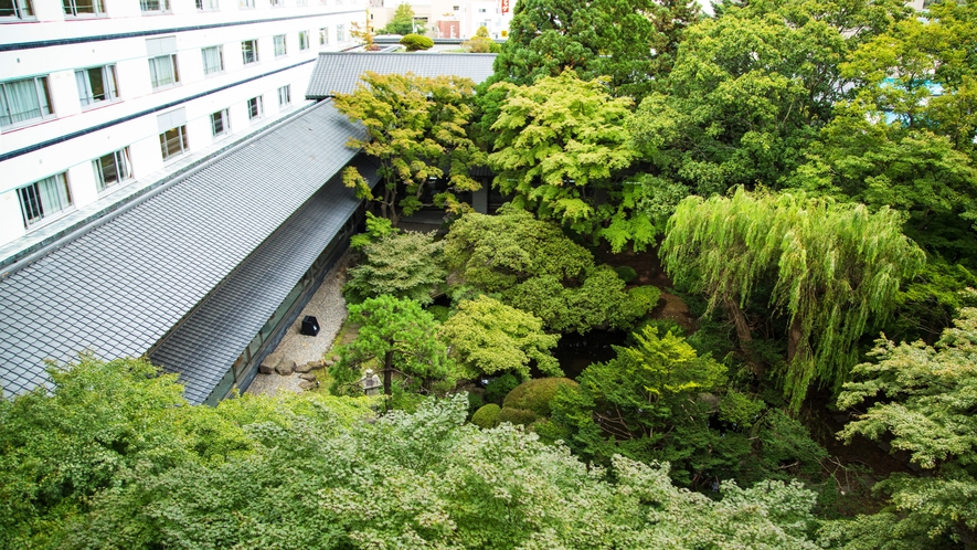 【ジュニアスイートツイン】客室からは日本庭園を望むことが出来ます。夜間はライトアップされます。