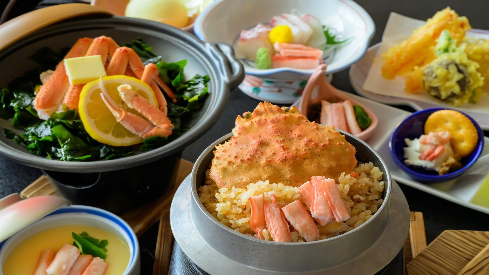 【旬香る蟹づくし会席】蟹天ぷら・蟹茶碗蒸し・せいこ蟹釜飯ほか至福の味わい〇冬のおこもり旅