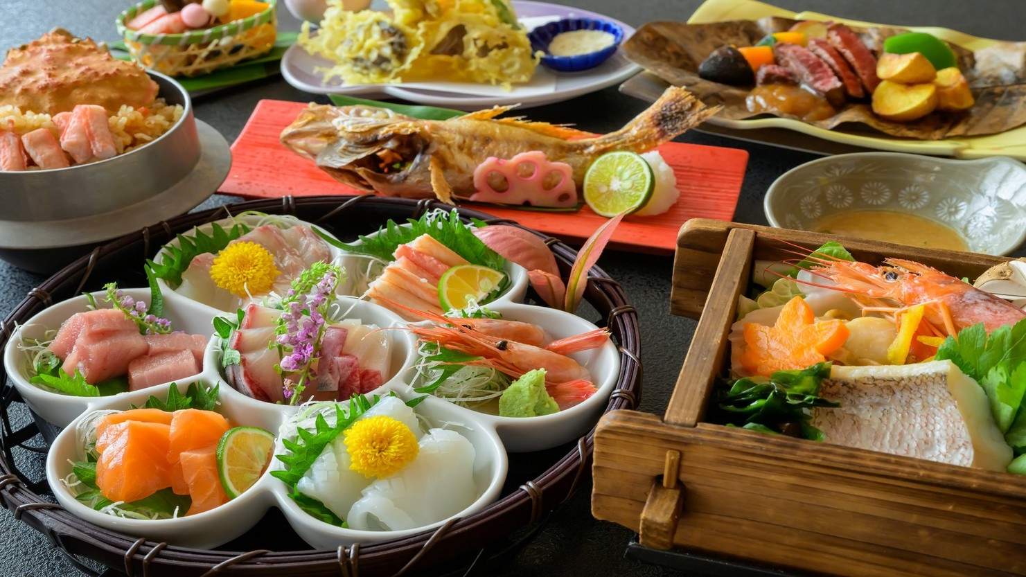 【冬の贅沢会席〇旬彩】せいこ蟹釜飯・若狭牛ステーキ・のどぐろ姿焼き・海鮮せいろ！冬の厳選食材の饗宴！