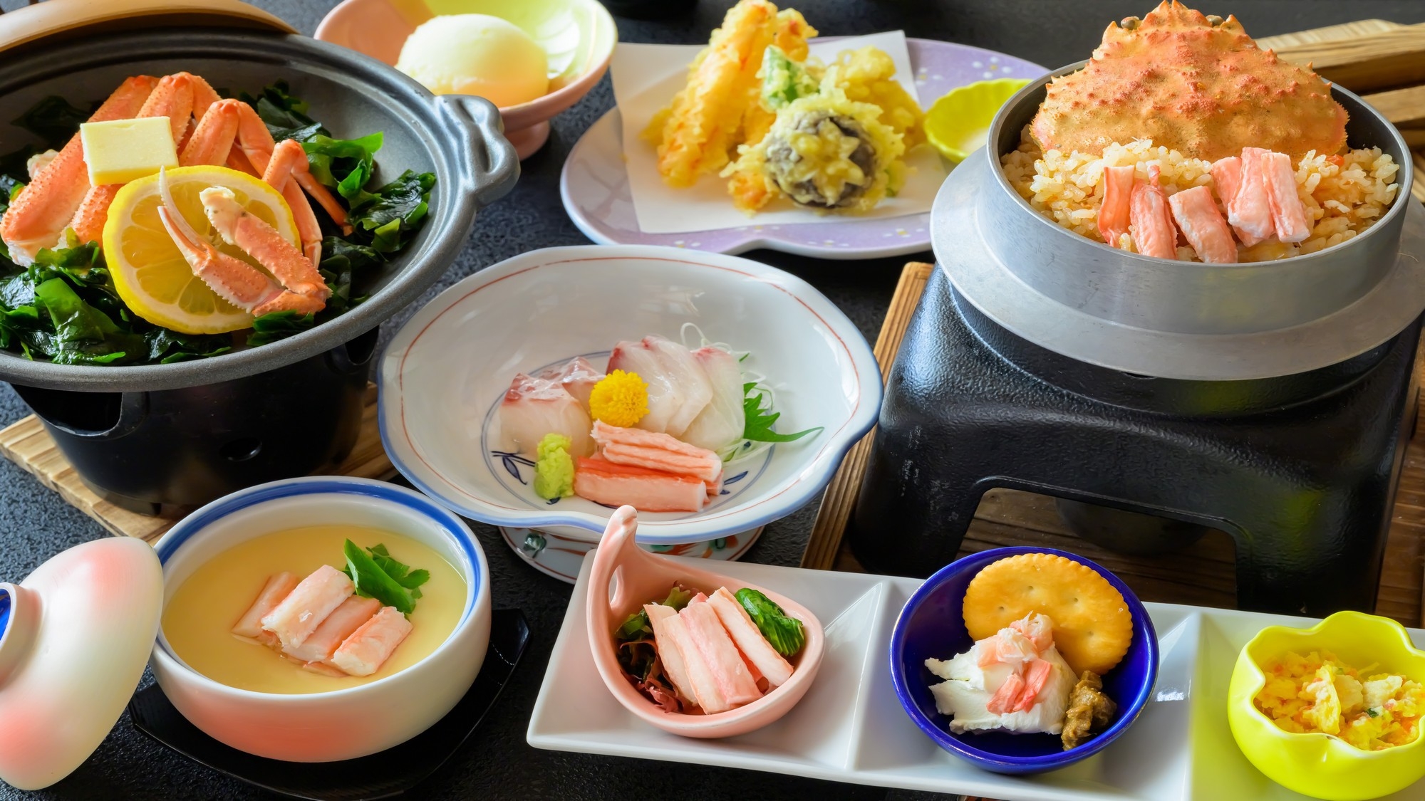 【旬香る蟹づくし会席】蟹天ぷら・蟹茶碗蒸し・せいこ蟹釜飯ほか至福の味わい〇冬のおこもり旅