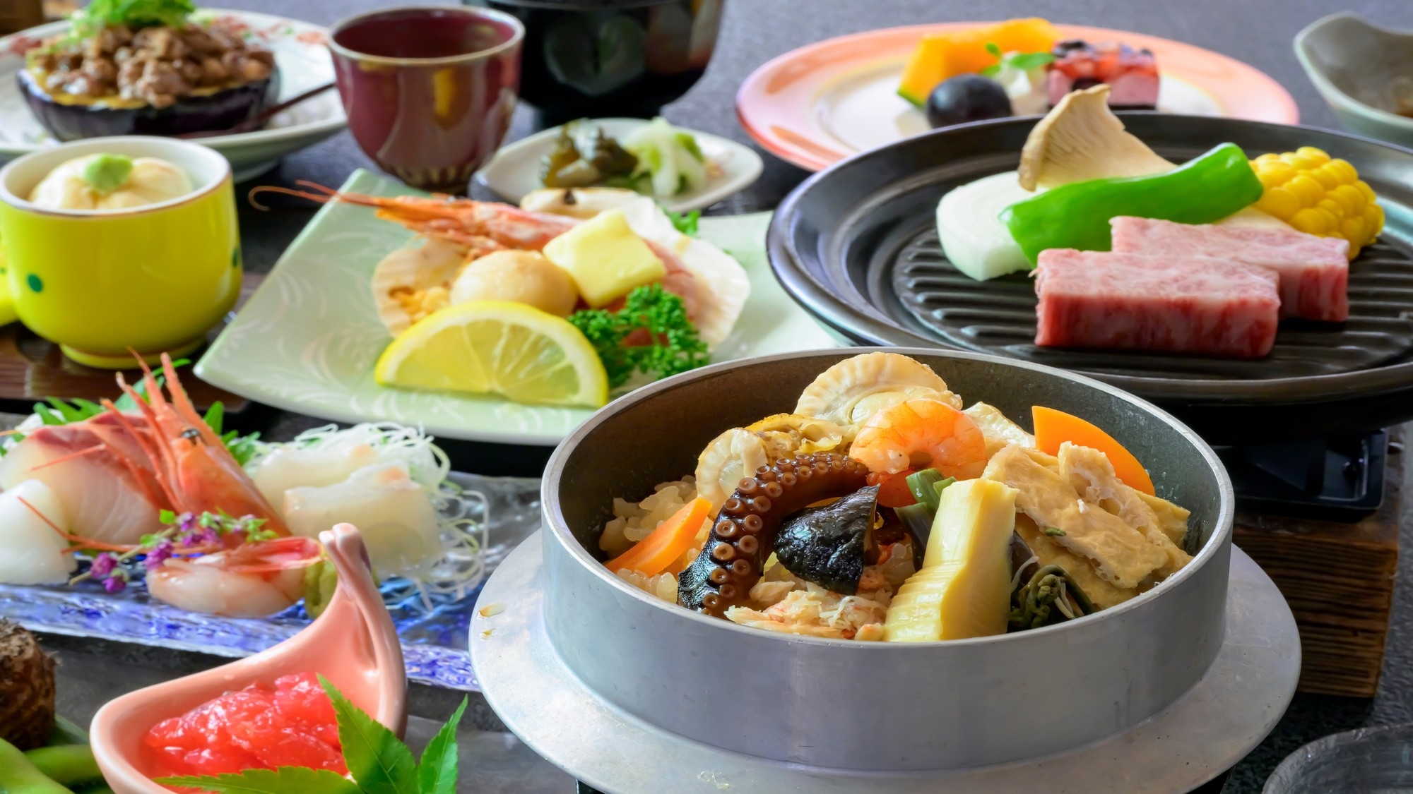 【一番人気Wメイン】夏の香り漂う♪海鮮五目釜飯・若狭牛ロース陶板焼・海鮮バター焼きも〇夏の水仙