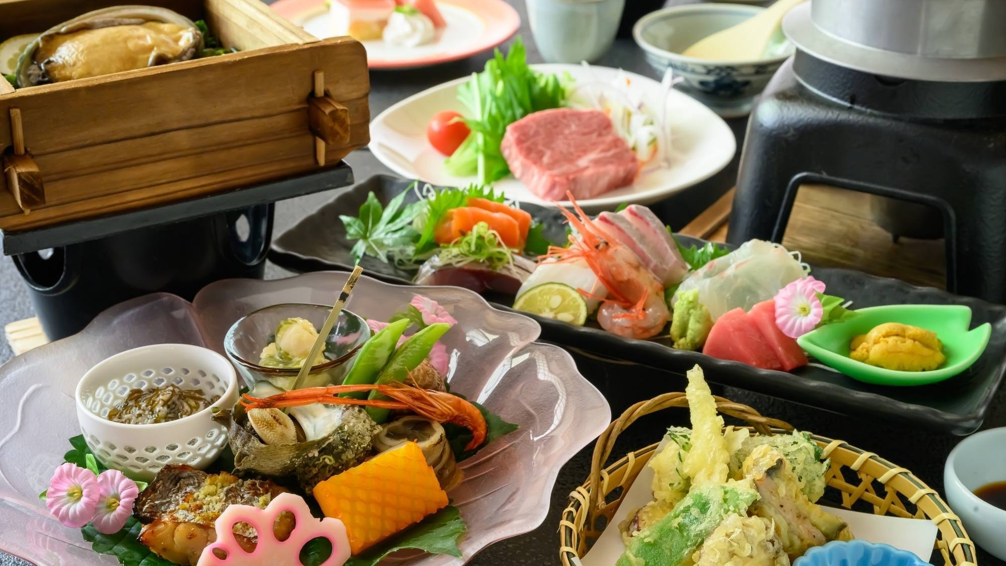 【夏の美食〇最上級会席】絶品！若狭牛ヒレ肉ステーキに活あわび蒸し！若狭牛と新生姜釜飯他＜夏の極み＞