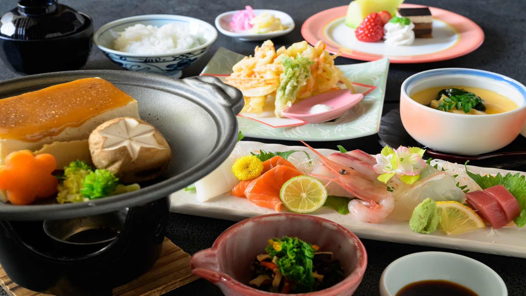 【福井うまいもん〇量は控えめ】春の味覚満載！地元織田豆腐田楽陶板・白魚かきあげ＜春のみどり＞