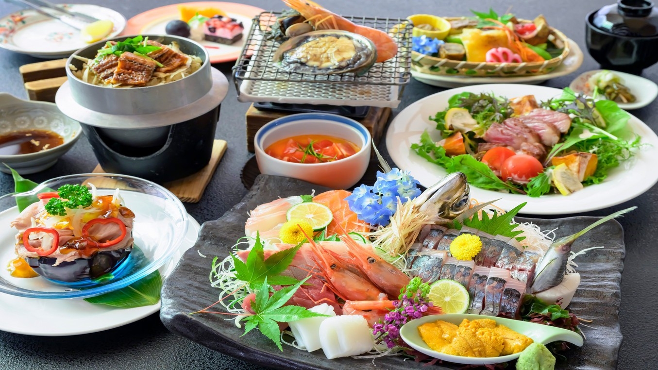 【夏の美食〇豪華うなぎ釜飯】あわびとサザエの浜焼に若狭牛！華やか夏の旬お造盛合せ＜夏の特選極み＞