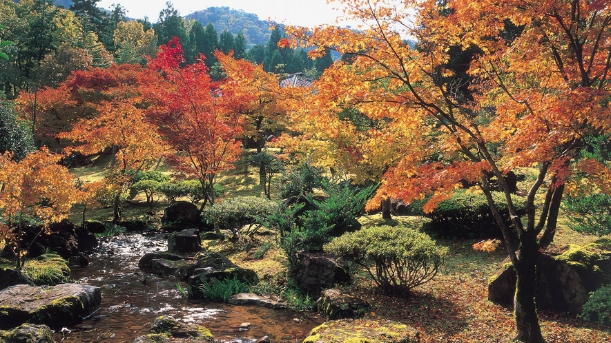 【万葉の里味真野苑】秋には紅葉に囲まれながら万葉のロマンにひたることができます。