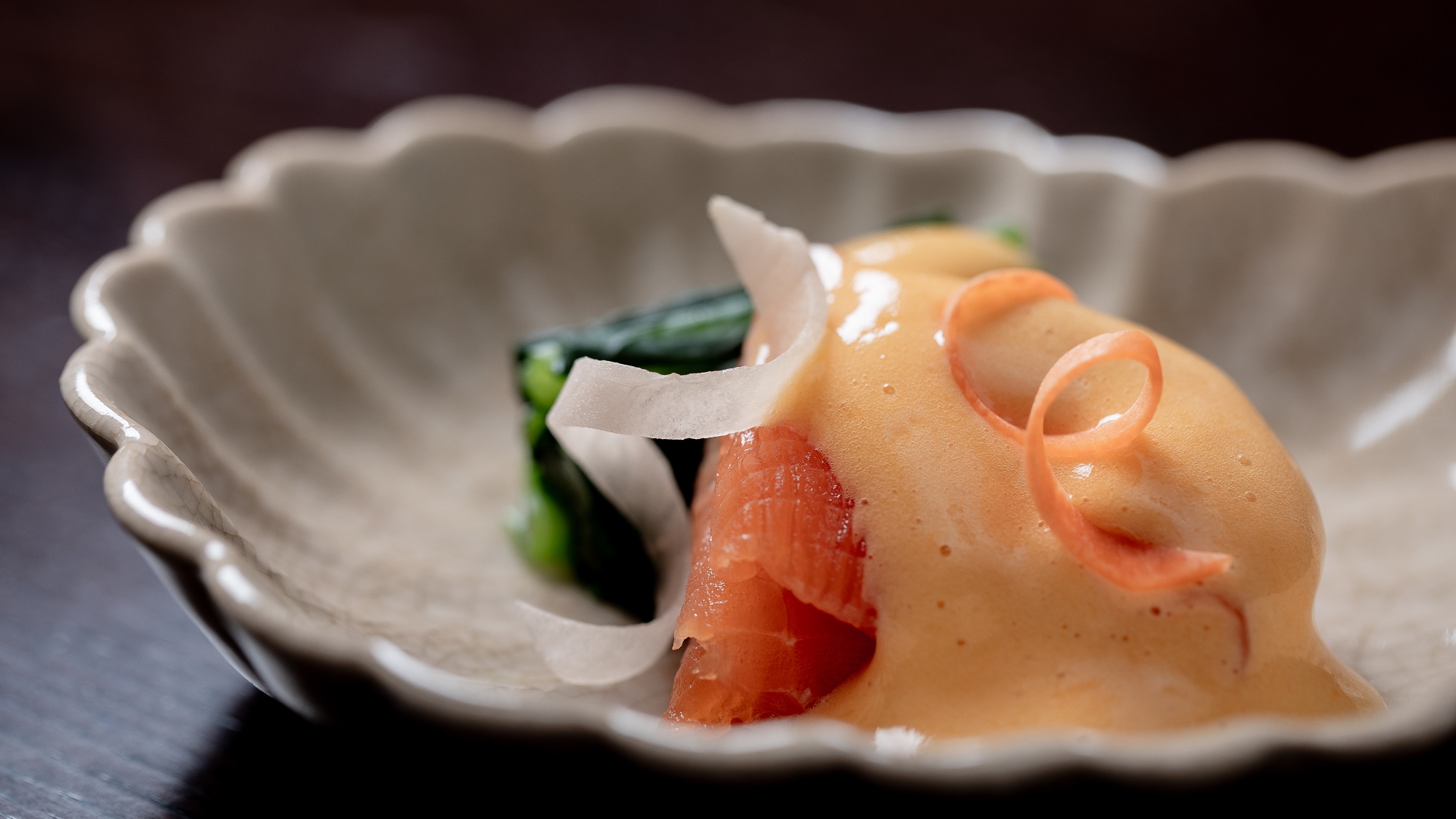 お造り＜冬のお料理＞信州サーモン昆布締め　黄身酢かけ