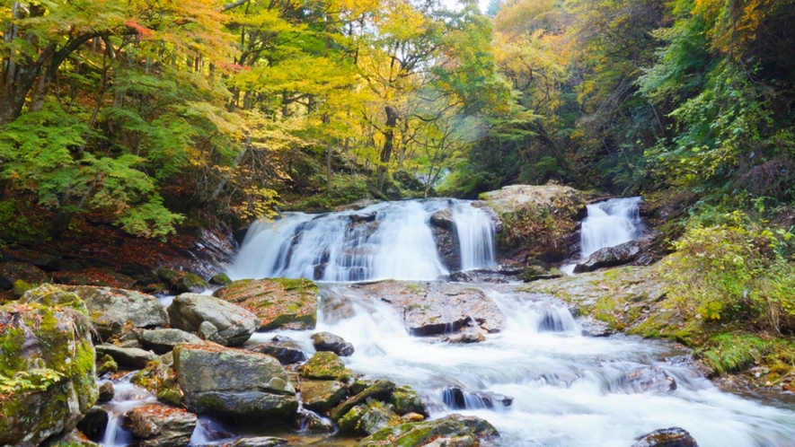 【江竜田の滝（鮫川村）】大小さまざまな６つの滝の総称。紅葉時期には撮影スポットに！