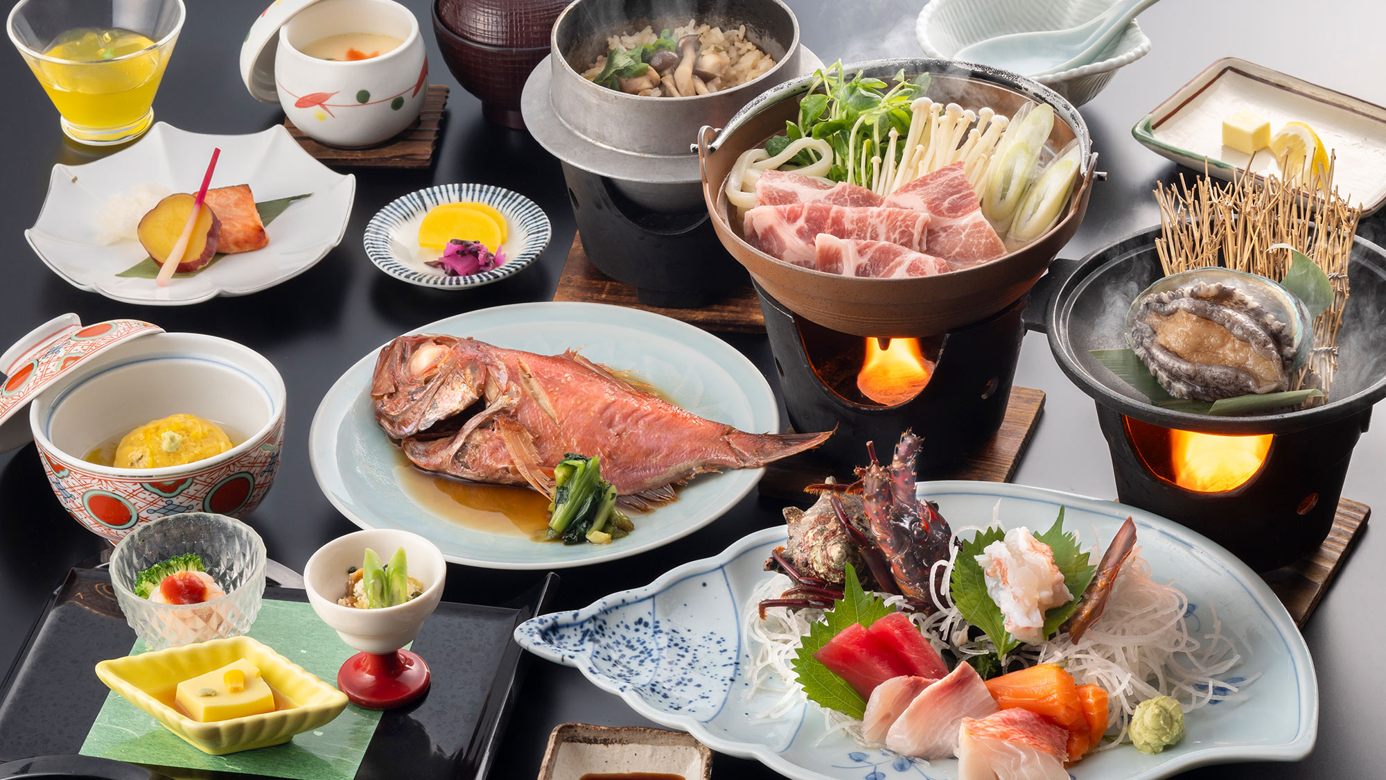 【海光会席】金目鯛の煮付けや鮑の踊り焼き、地魚のお刺身盛り合わせが付いたスペシャル会席コース