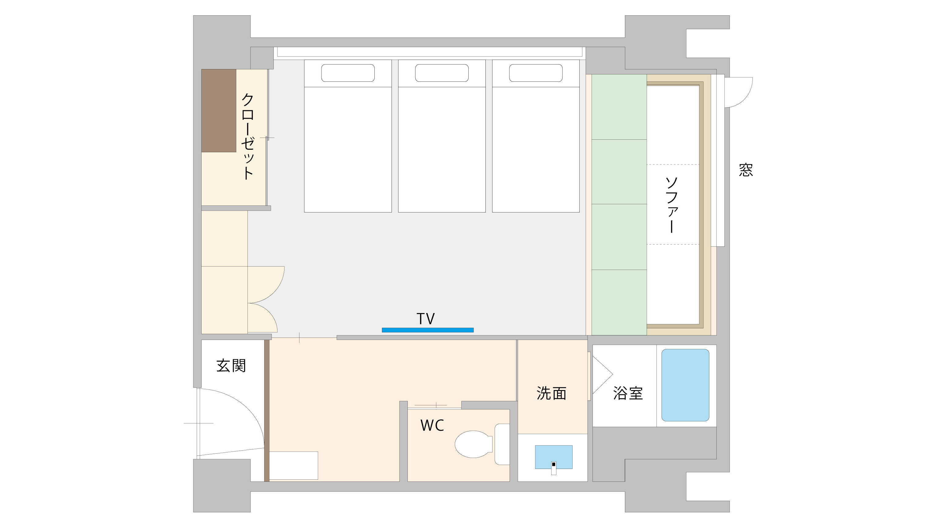 【ベッド派さんに♪】本丸4階・スーペリアトリプル(山側) 間取り