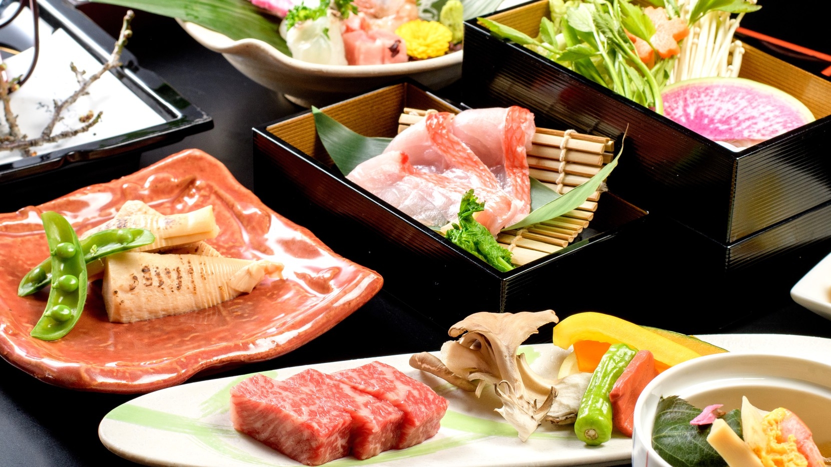 Ａ５認証近江牛＆筍のＷステーキ、金目鯛の春香鍋　春会席〜美麗〜