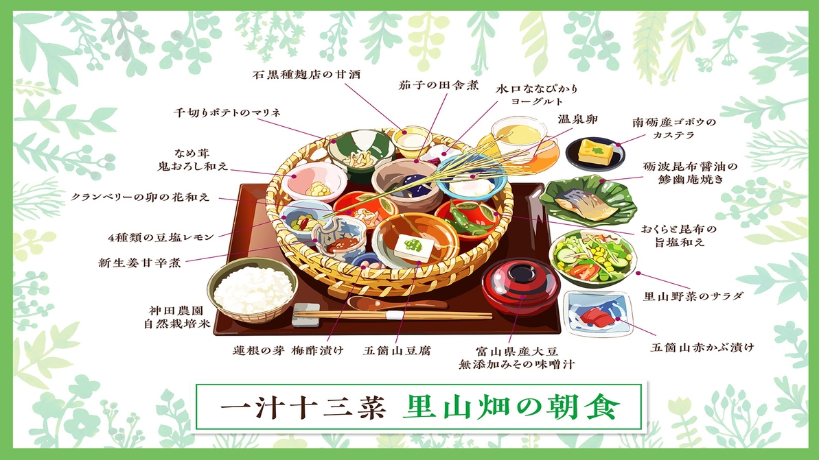【年末年始専用】＜身体が目覚める朝のご褒美＞朝食付｜となみ野の恵みを凝縮した「身体想いのかご盛朝食」