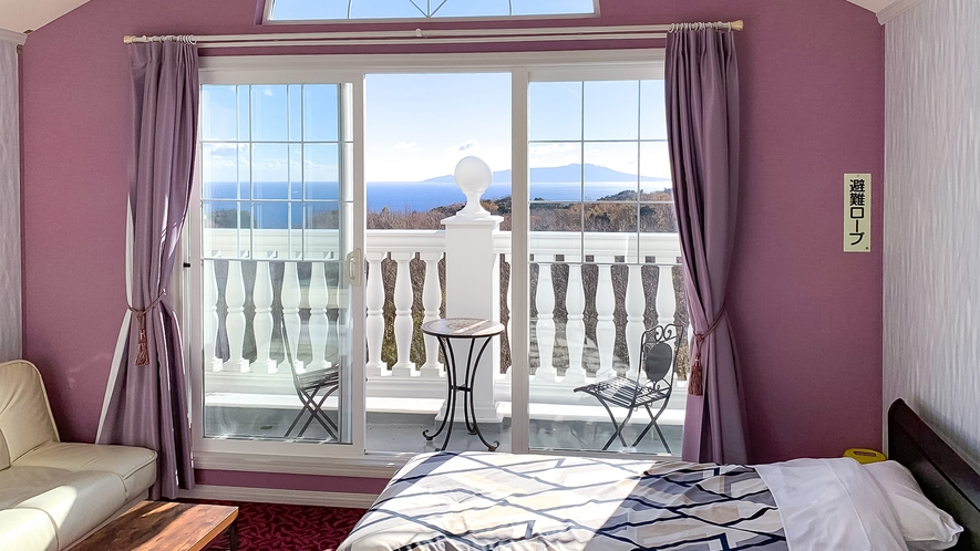 205号室　ツイン　バルコニー付特別室　窓が大きく眺めが良いお部屋です。正面に見える島は伊豆大島です