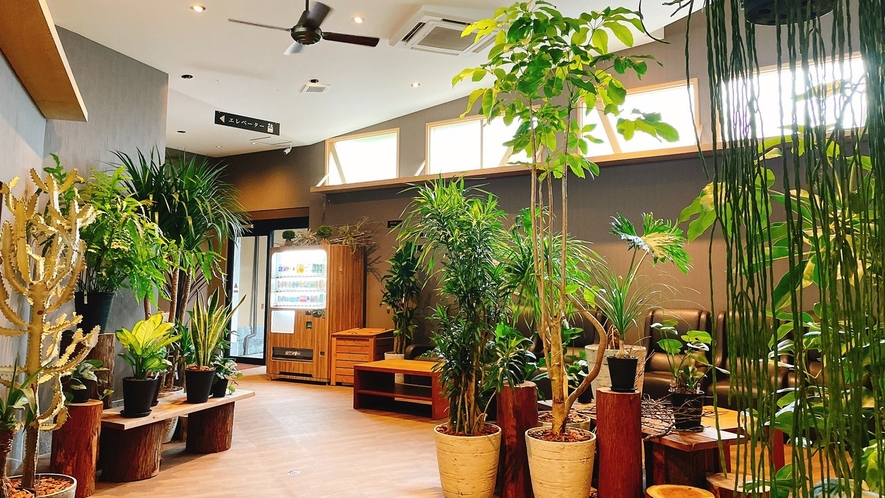  本館と宙館を繋ぐ、エレベーターホール（自販機有り） 観葉植物に囲まれた癒しの空間