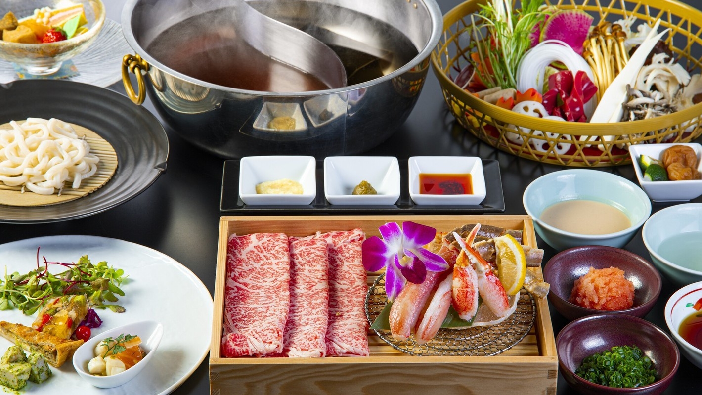 【しゃぶしゃぶ・後半】「国産牛ロースと蟹の豪華盛り合わせ（ずわい蟹など）」＆朝食〜ユネッサン入り放題