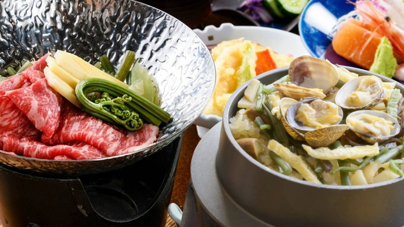 【春の越前会席】春の行楽にはこちら！メインは牛肉山菜鍋〇山菜あさり釜飯にオーガニック野菜も〜量控えめ