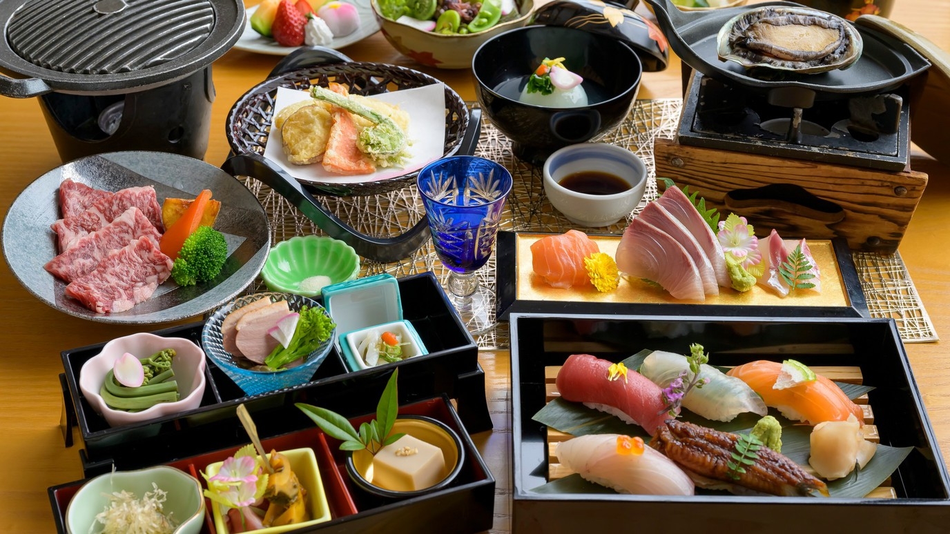 【豪華饗宴！春の極み〇寿司会席】越前漆器で味わう〜鮑踊り焼きに和牛カルビほか◎北陸の美味をご堪能♪