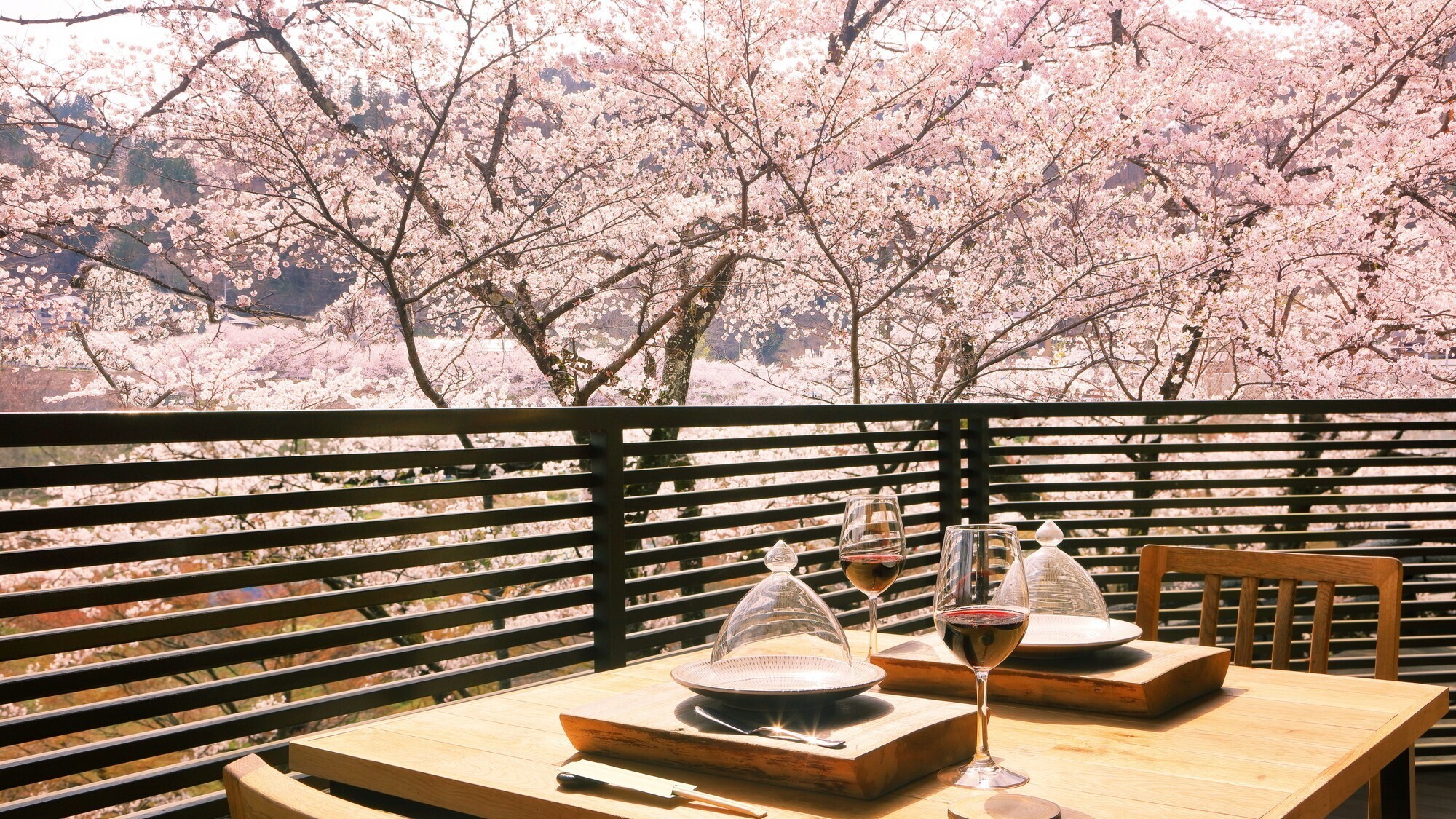 【森の音ダイニング】山形県産くるみの木を使用したテーブルに、樹齢約50年の桜の木をご覧いただけます