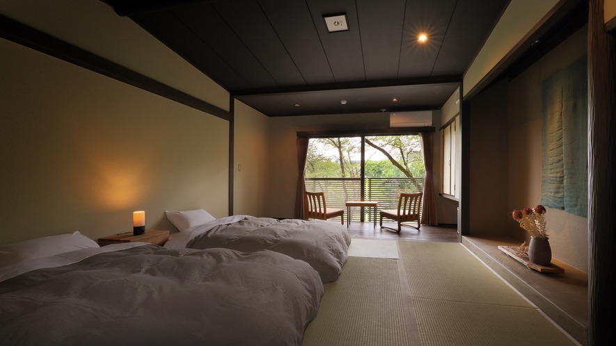【スタンダード】モダンな低層ベッド２つと広縁がございます。森の音で一番多い客室タイプとなっております