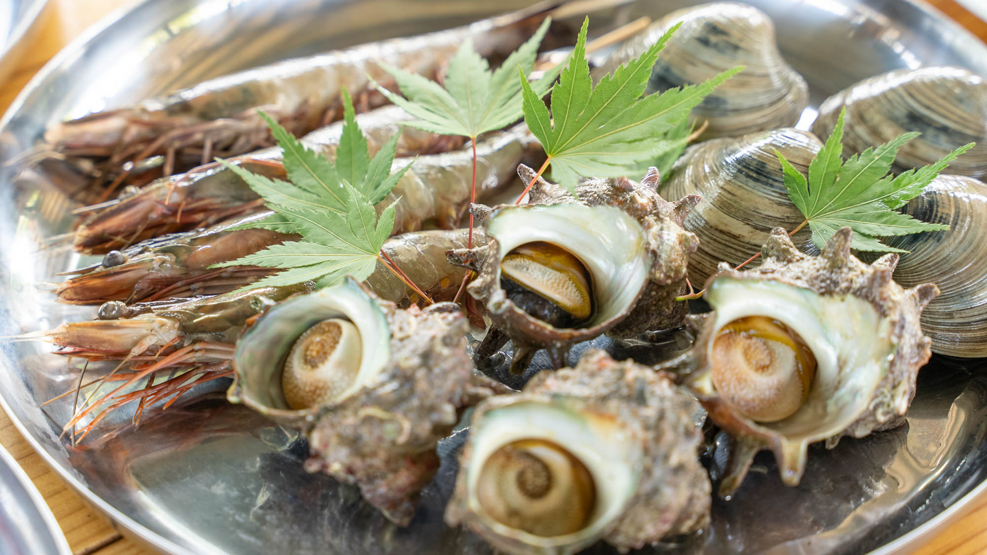 【BBQプラン】セット内容一例（4人分）：エビ、サザエ、二枚貝