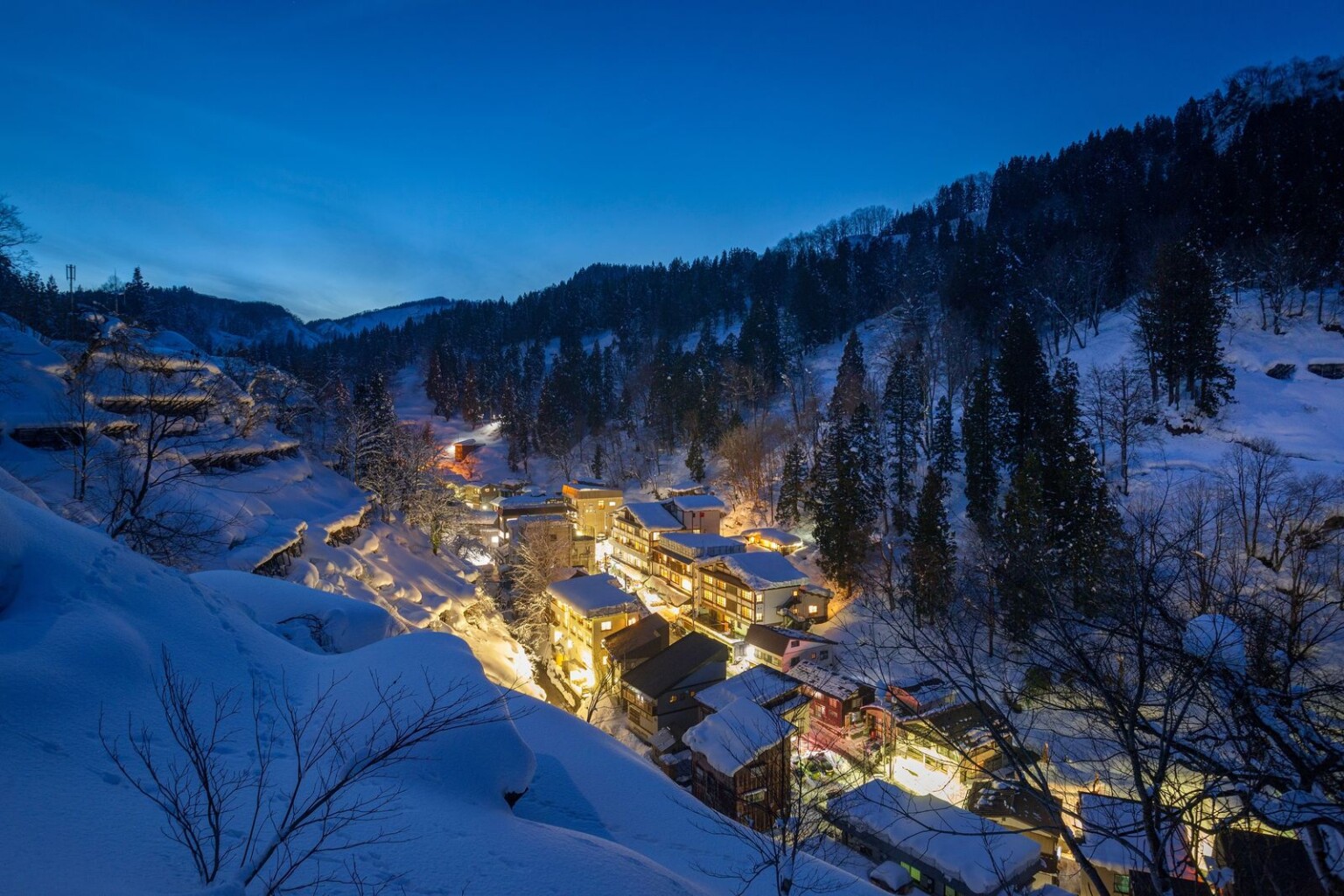 湯けむりと雪が溶け合う松之山温泉街