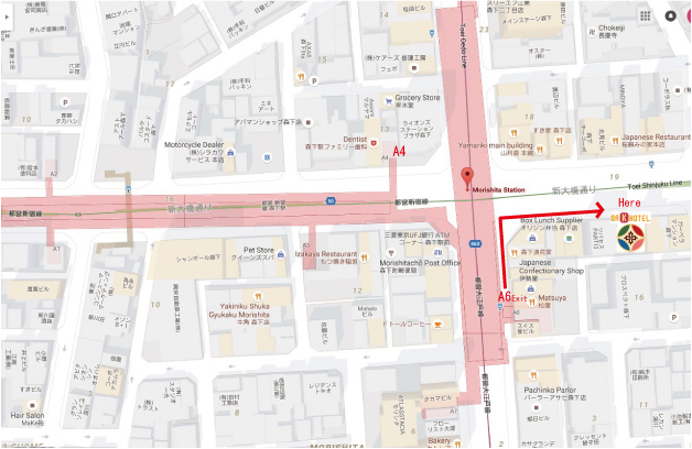 森下駅周辺地図　　森下駅A6番出口からのホテルへの行き方