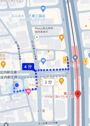 東三国駅2番出口から当店までの地図