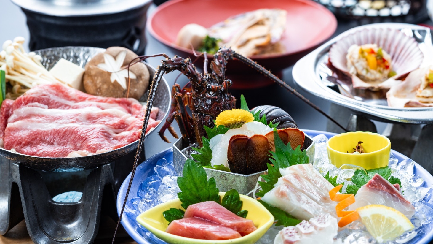 【贅沢会席】◆伊勢海老１尾と松阪牛鍋がメイン！◆船で3分離島の温泉宿◆天然療養温泉を満喫◆