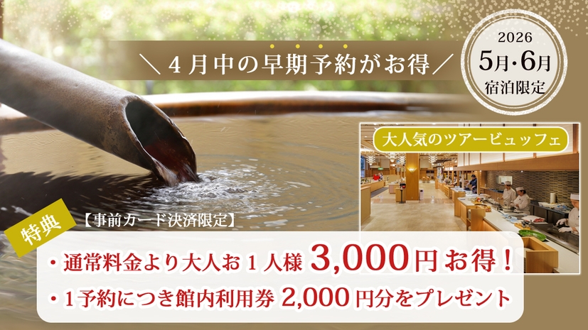 4月中の予約がお得！5月6月宿泊限定〜大人気ツアービュッフェプラン【事前カード決済限定】 