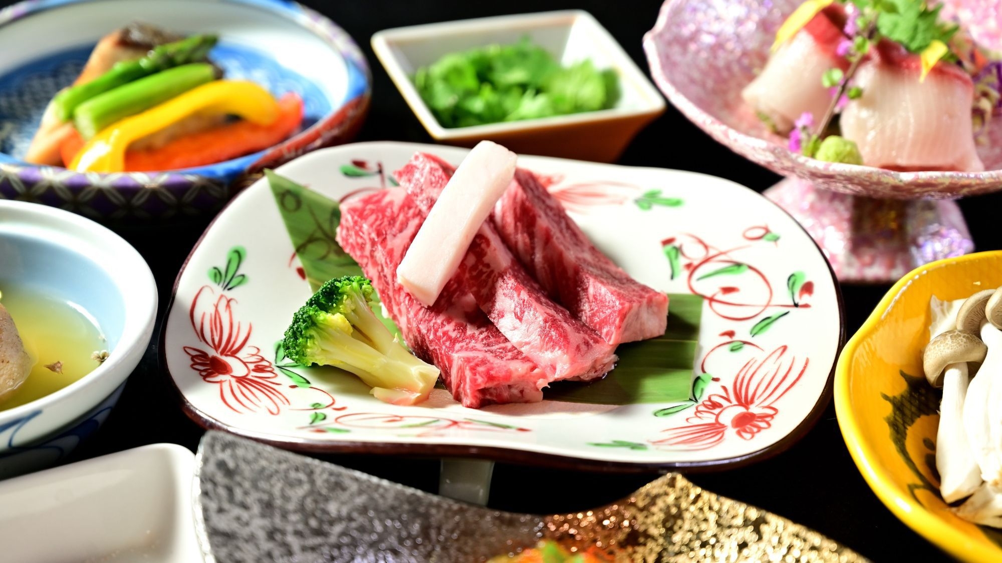 【料理アップ】季節のごちそう会席♪上州牛サーロインステーキ100g付♪3つの貸切風呂無料★♪個室食
