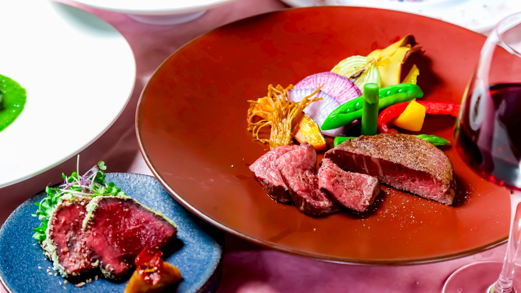 3～5月春＜特別夕食SORACHI＞桜薫る真鯛、神内和牛あかと道産牛の食べ比べ、胡麻ときな粉のブラン