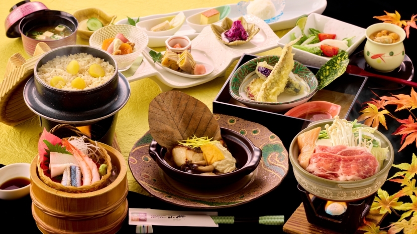 【秋味うまいもん会席】 越乃黄金豚と銀鮭の味噌鍋・鰈の朴葉焼き・旬のお造りを満喫★夕食会場/宴会場