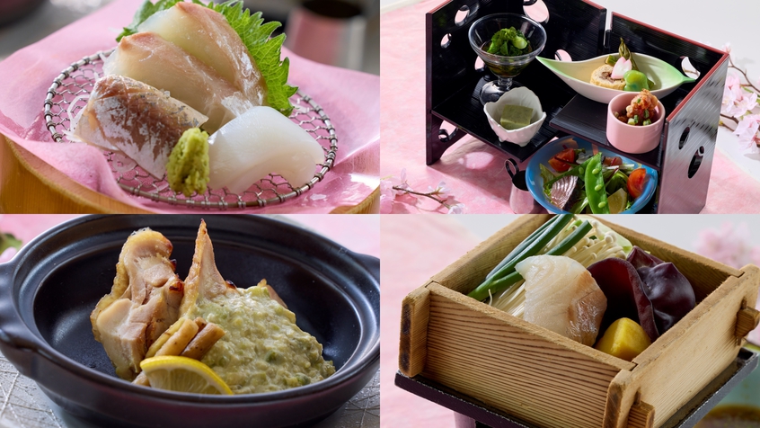 【春らんまん会席】旬のお造り・越乃鶏のグリル・桜鯛のせいろ蒸しなど★夕食会場／ゆごや又個室