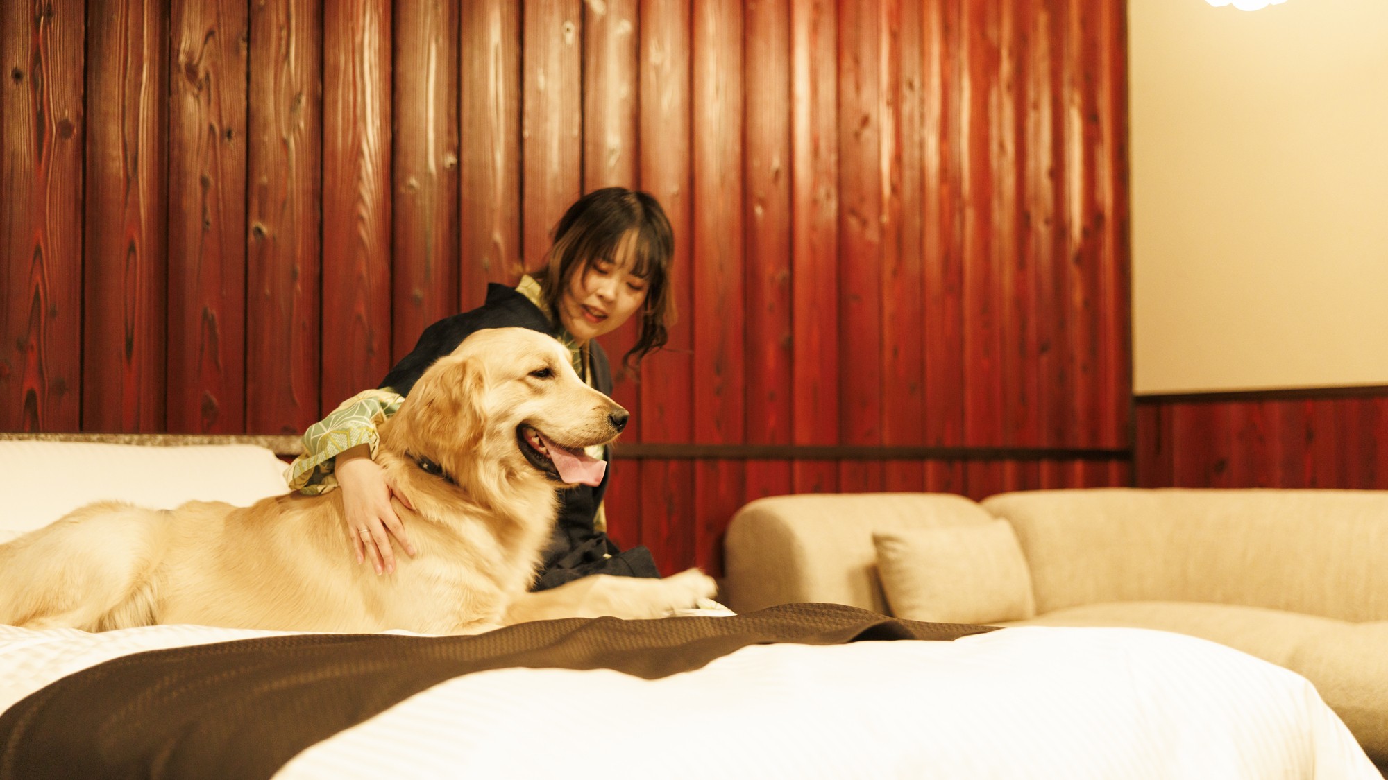 ベッドでワンちゃんと添い寝可能