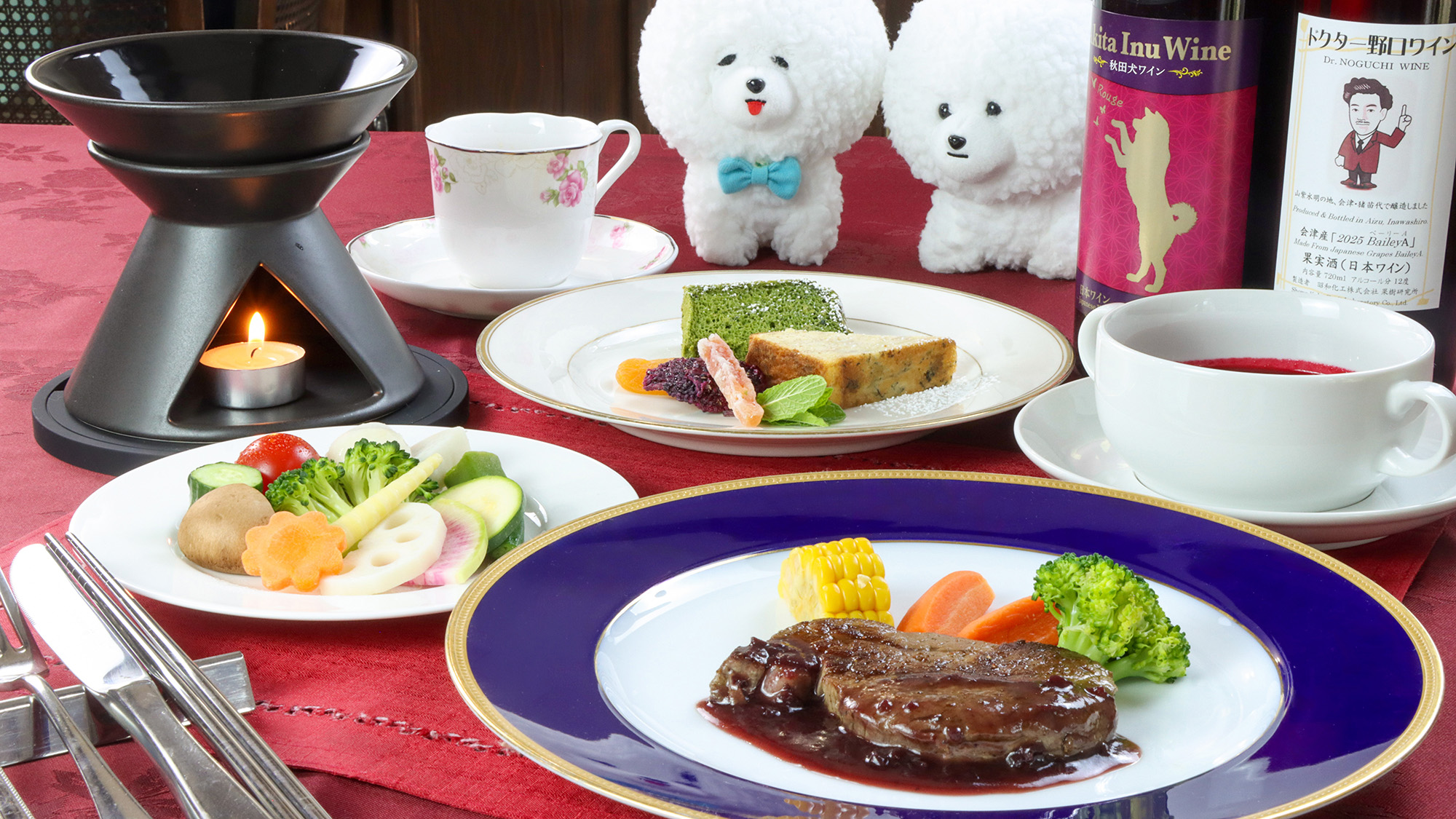#夕食一例ー福島牛フィレプティコース　柔らかな牛フィレステーキをメインに、彩り豊かな料理をご堪能くだ
