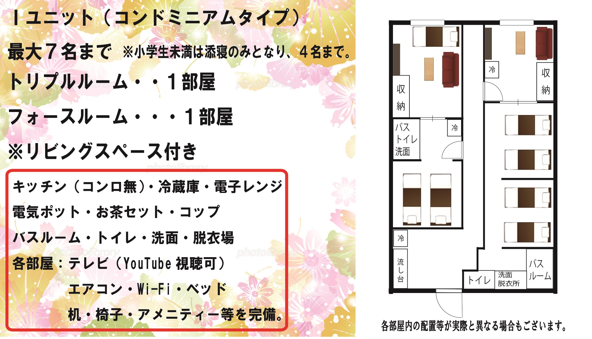 Ｉユニット（コンドミニアムタイプ）ペットとの同室も可です。