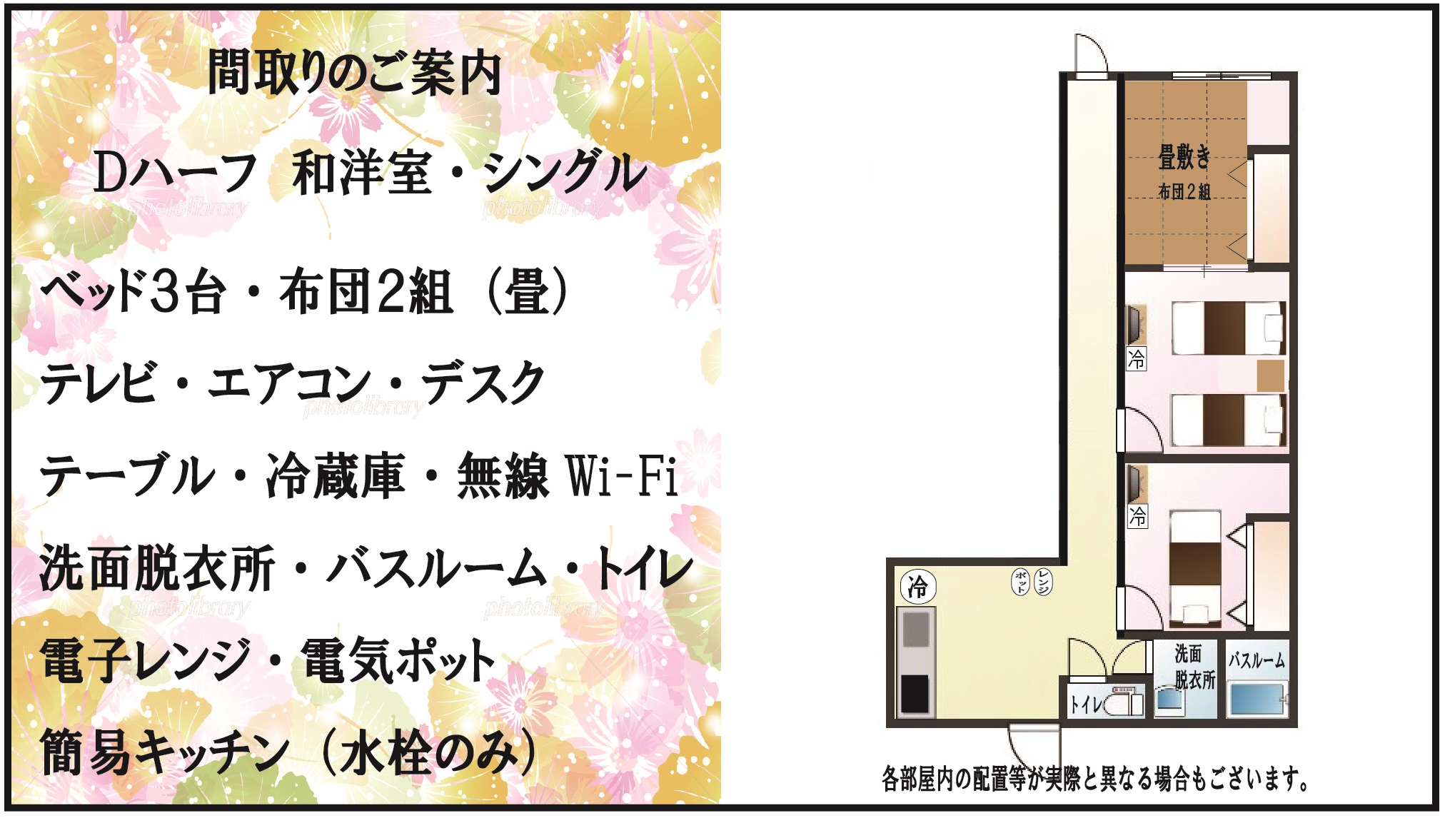 Dハーフ　和洋室・シングル（ベッド３台・布団２組）