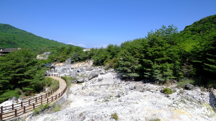 【雲仙地獄】吹き出す蒸気と熱気が辺り一面を覆い尽くす光景はまさに地獄です。当館より車で70分。