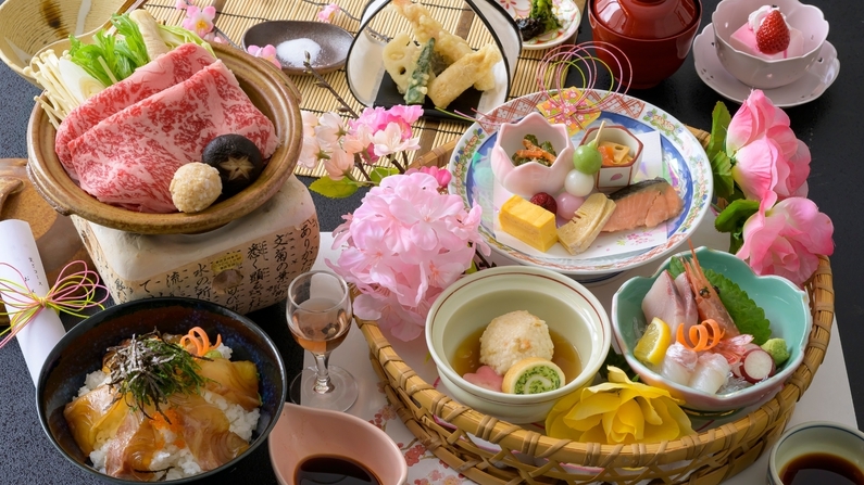 【春の雅】春爛漫♪花かご盛＆ご当地グルメ「鯛まぶし」＆和牛陶板焼き〜桜にツツジなど花盛りの福井へ