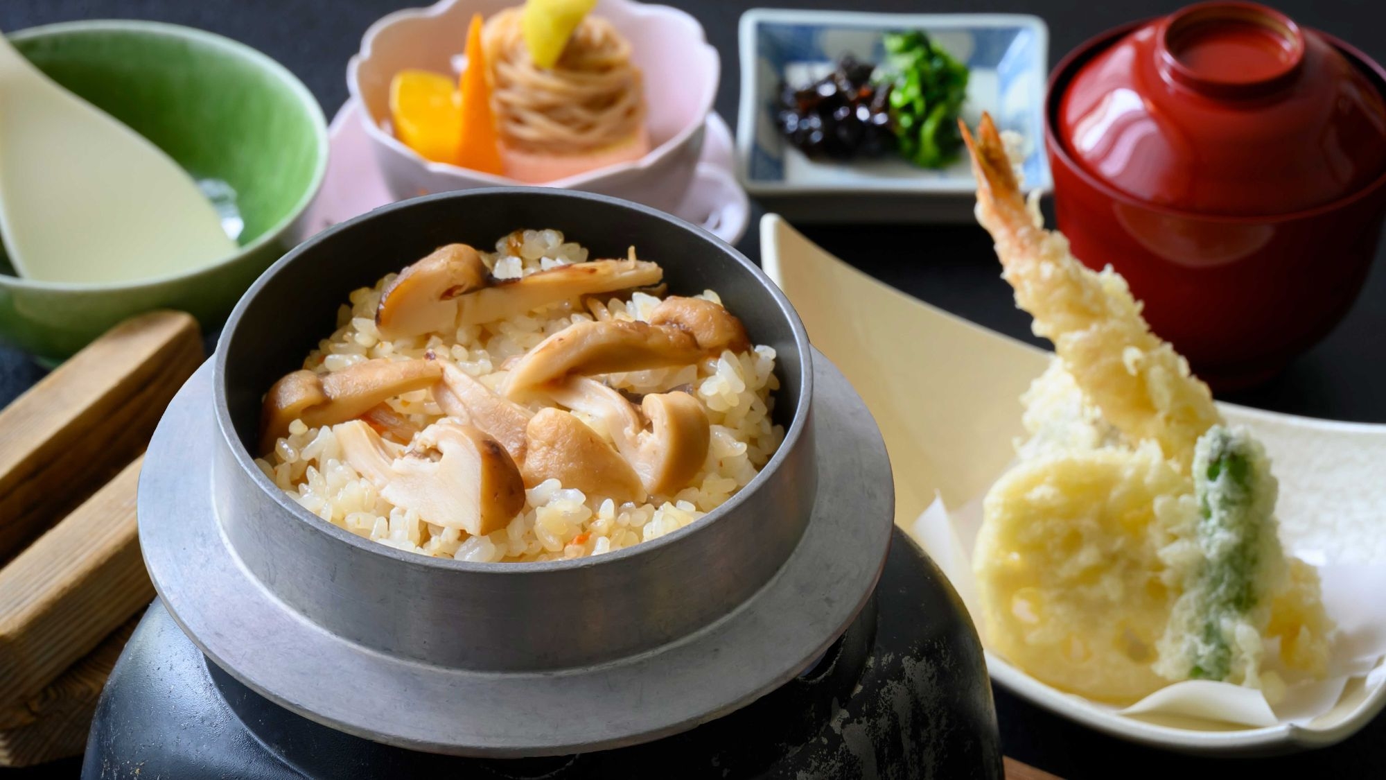 【松茸釜飯御膳＆嬉しい天ぷら盛合せ】気軽な旅にぴったり〇秋の味覚と越前おろしそば＜2食付＞
