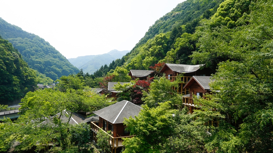 山の斜面を活かし、広々としたテラスに山の香りが届く、里山ヒュッテ。